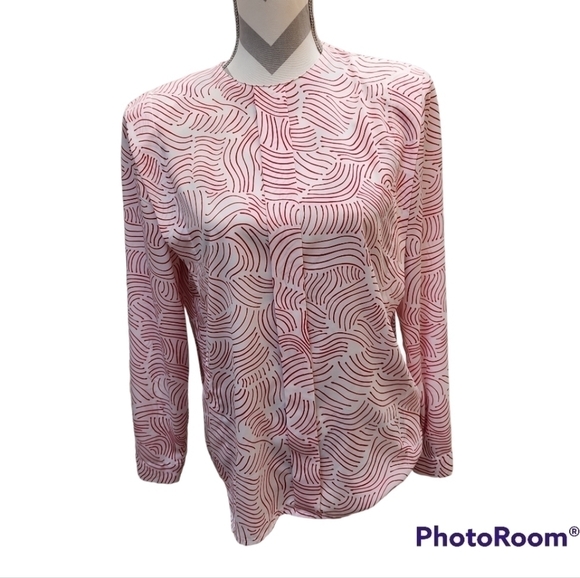 Christian Dior white and red abstract print polyester blouse sz 8 - Picture 1 of 7